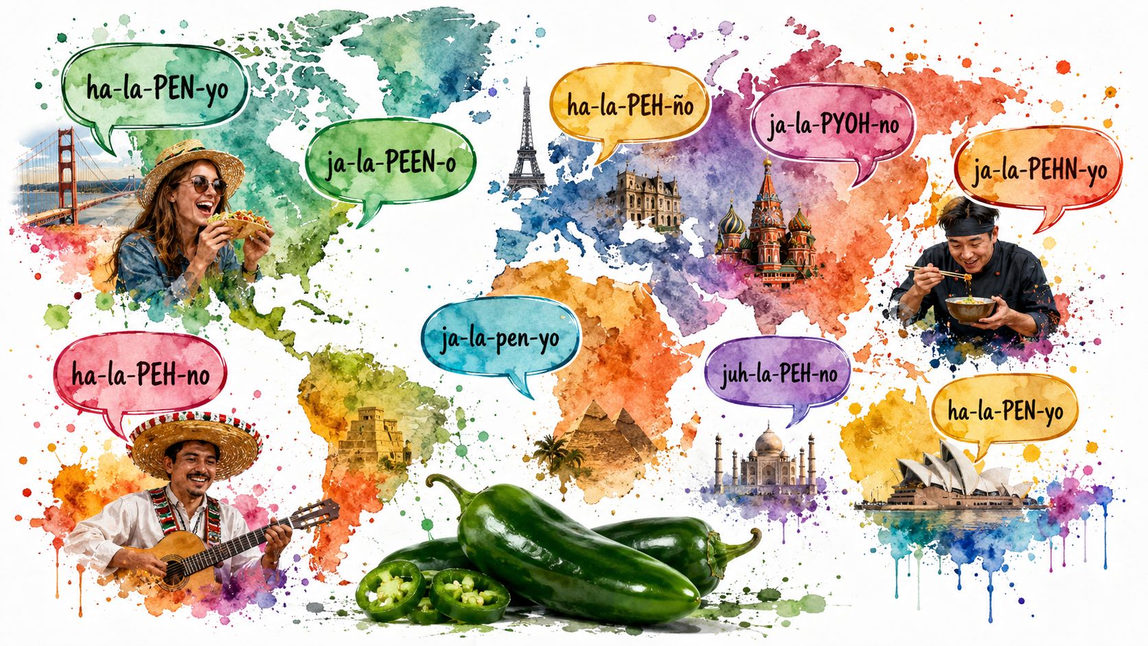 A colorful world map illustration showing various global pronunciations of the word jalapeno with cultural icons.