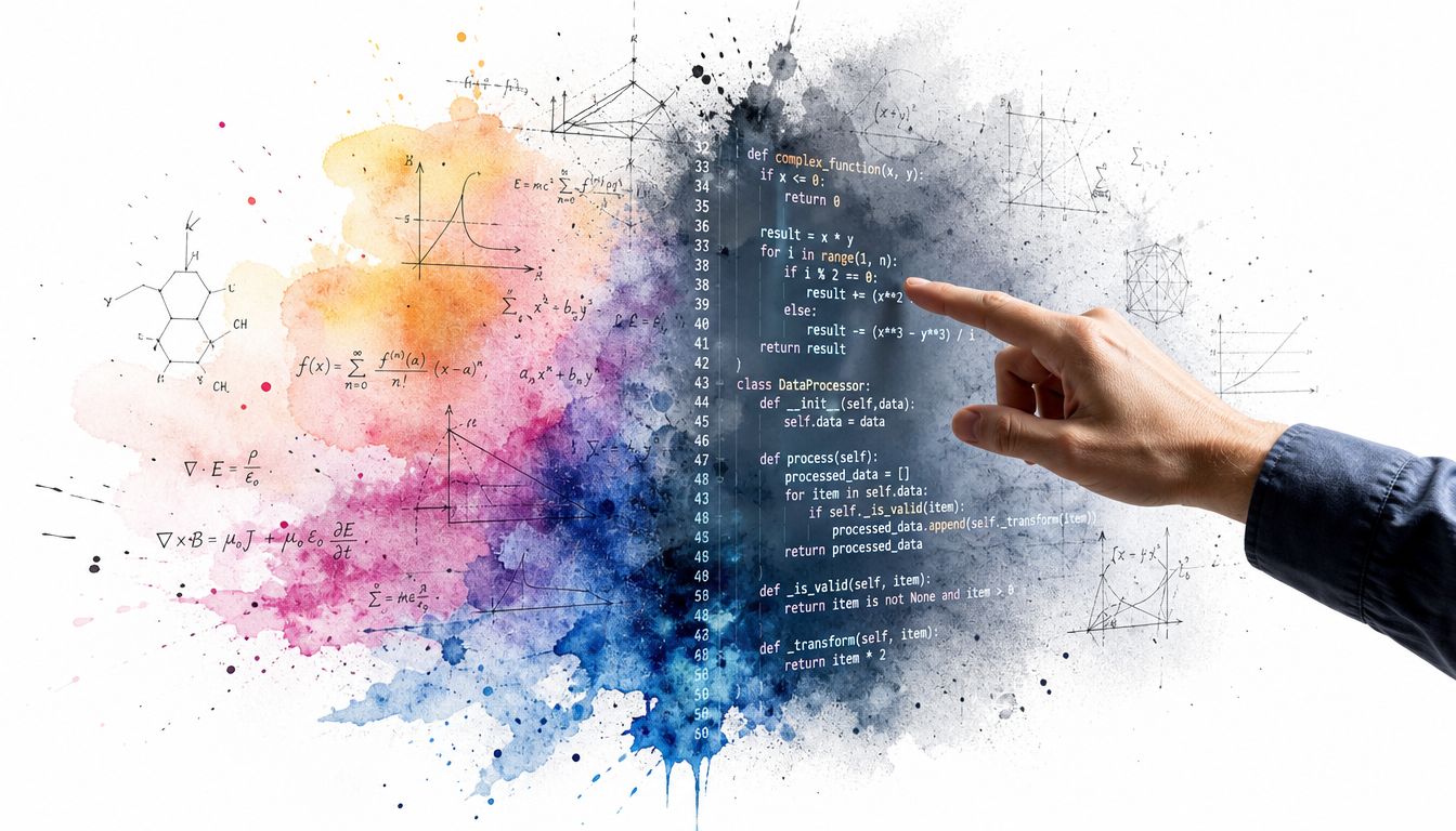 A hand pointing at programming code displayed over a background of colorful watercolor and mathematical formulas.