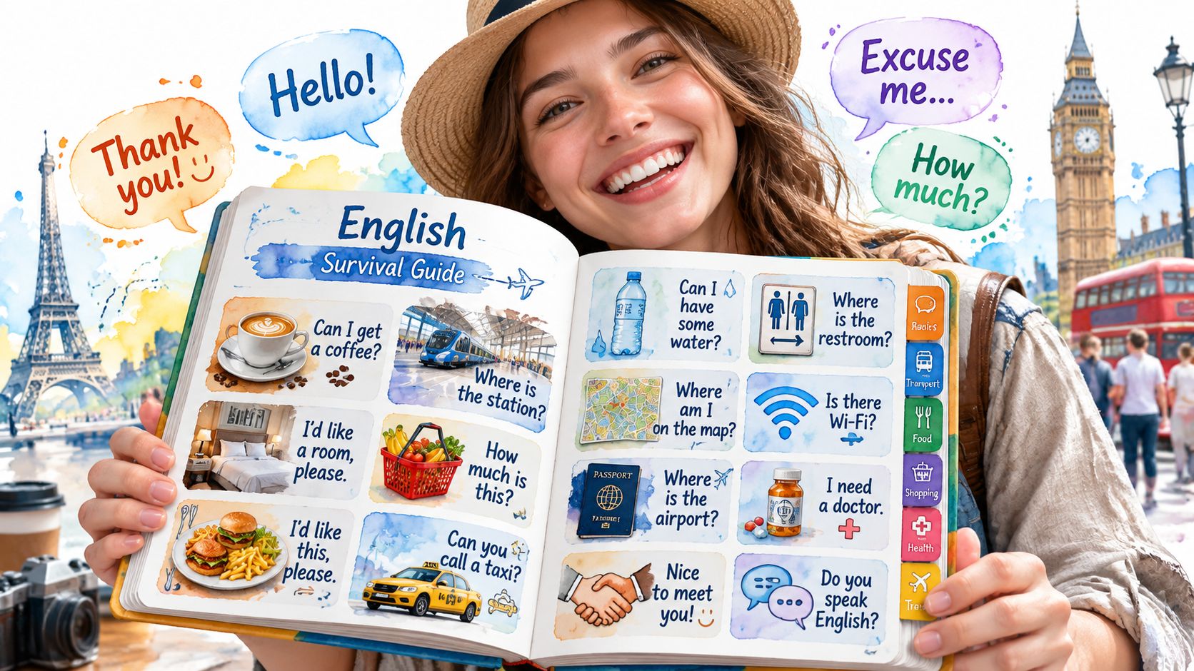 A woman holding an English survival guide book showing common phrases and icons for travelers.