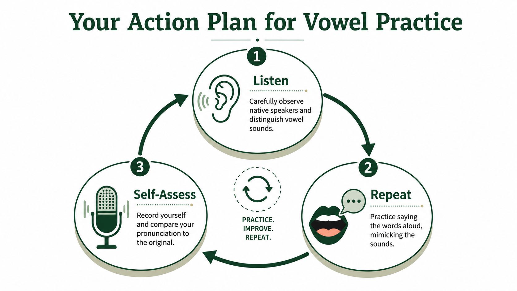 A circular diagram outlining a three-step action plan for practicing English vowel sounds through listening, repeating, and self-assessment.