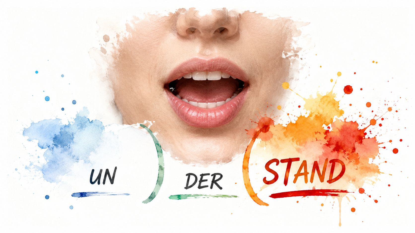 A close-up of a human mouth with the word understand artistically separated by watercolor paint splatters.