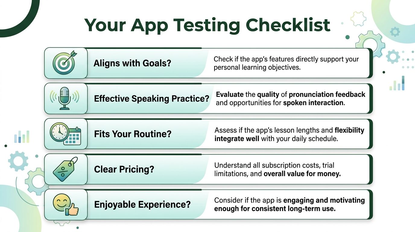 A checklist infographic titled Your App Testing Checklist featuring five key criteria for evaluating educational mobile applications.
