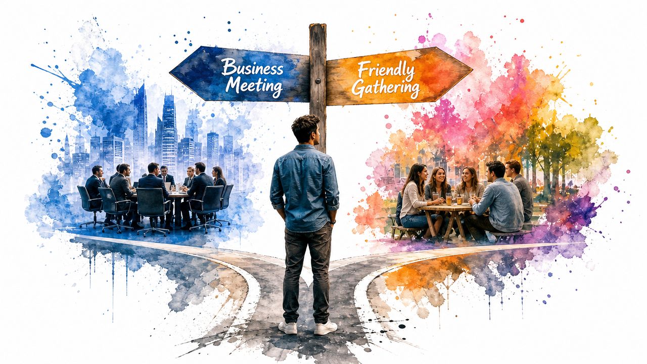 A man stands at a crossroads choosing between a professional business meeting and a friendly social gathering.