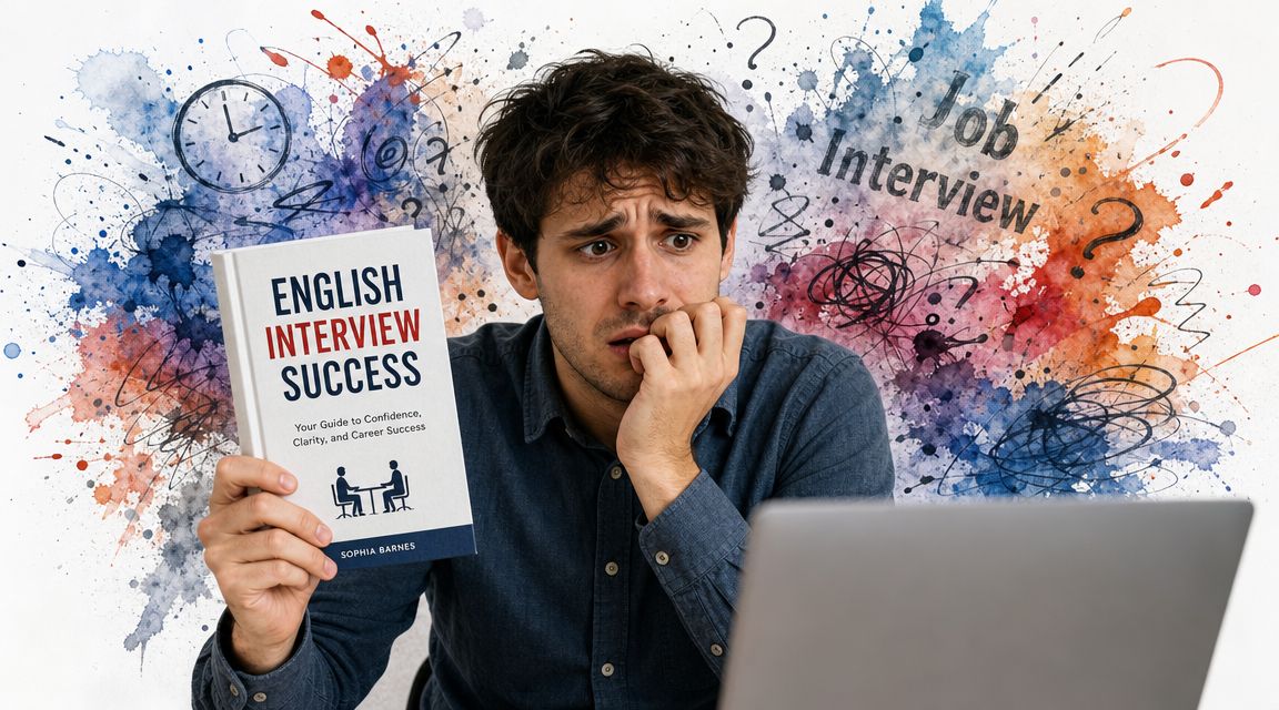 A nervous man holding an English Interview Success book while looking at his laptop computer.