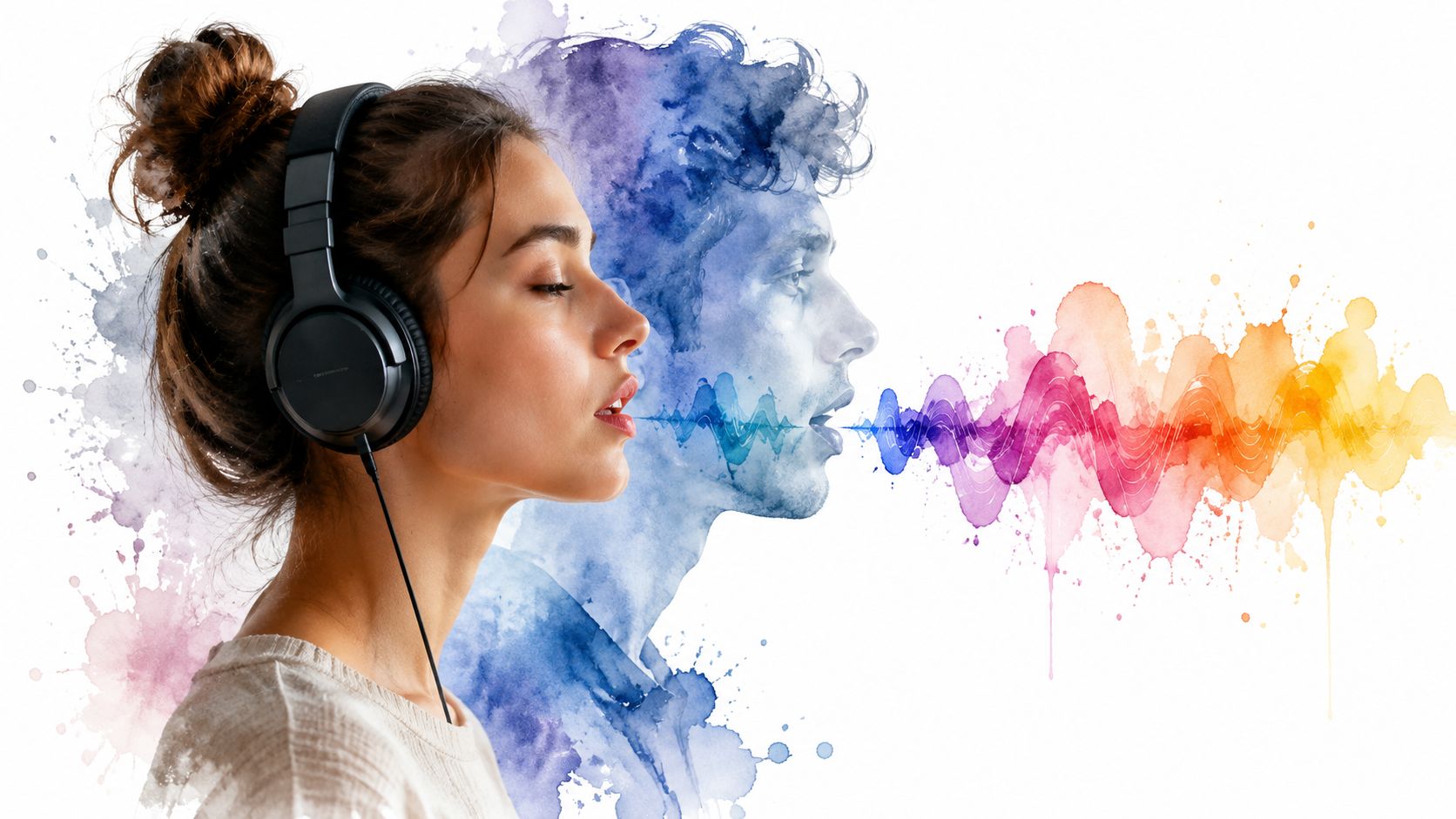A woman wearing headphones with a watercolor silhouette of a man and colorful sound waves representing communication.