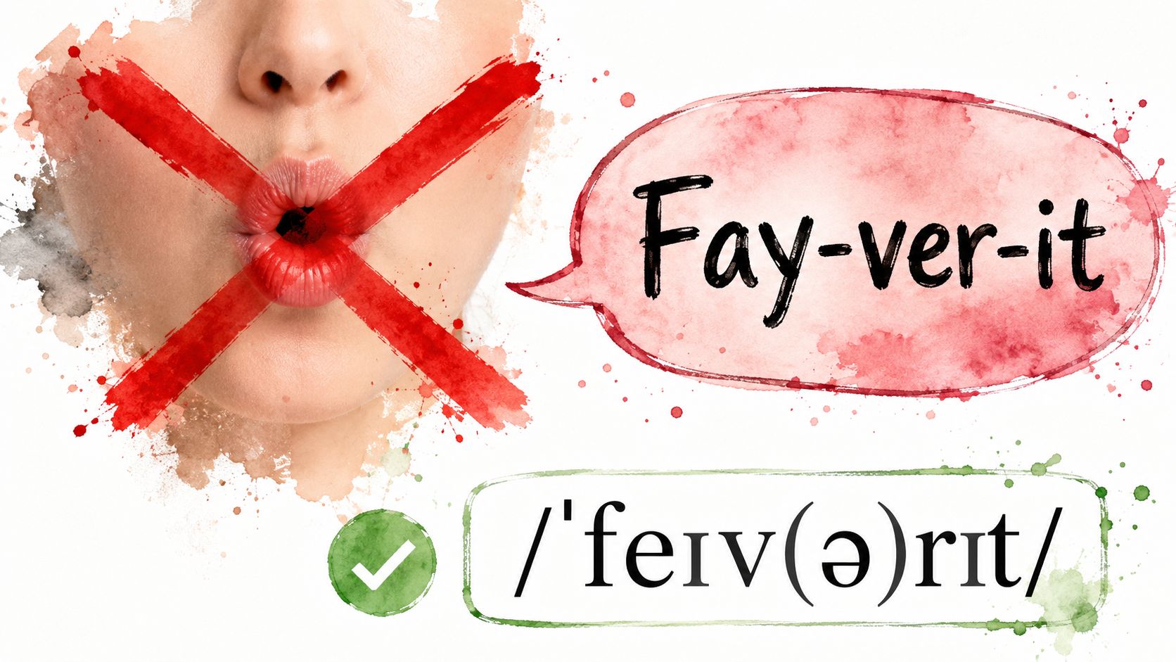 An educational image contrasting incorrect phonetic spelling of the word favourite with the correct IPA transcription.