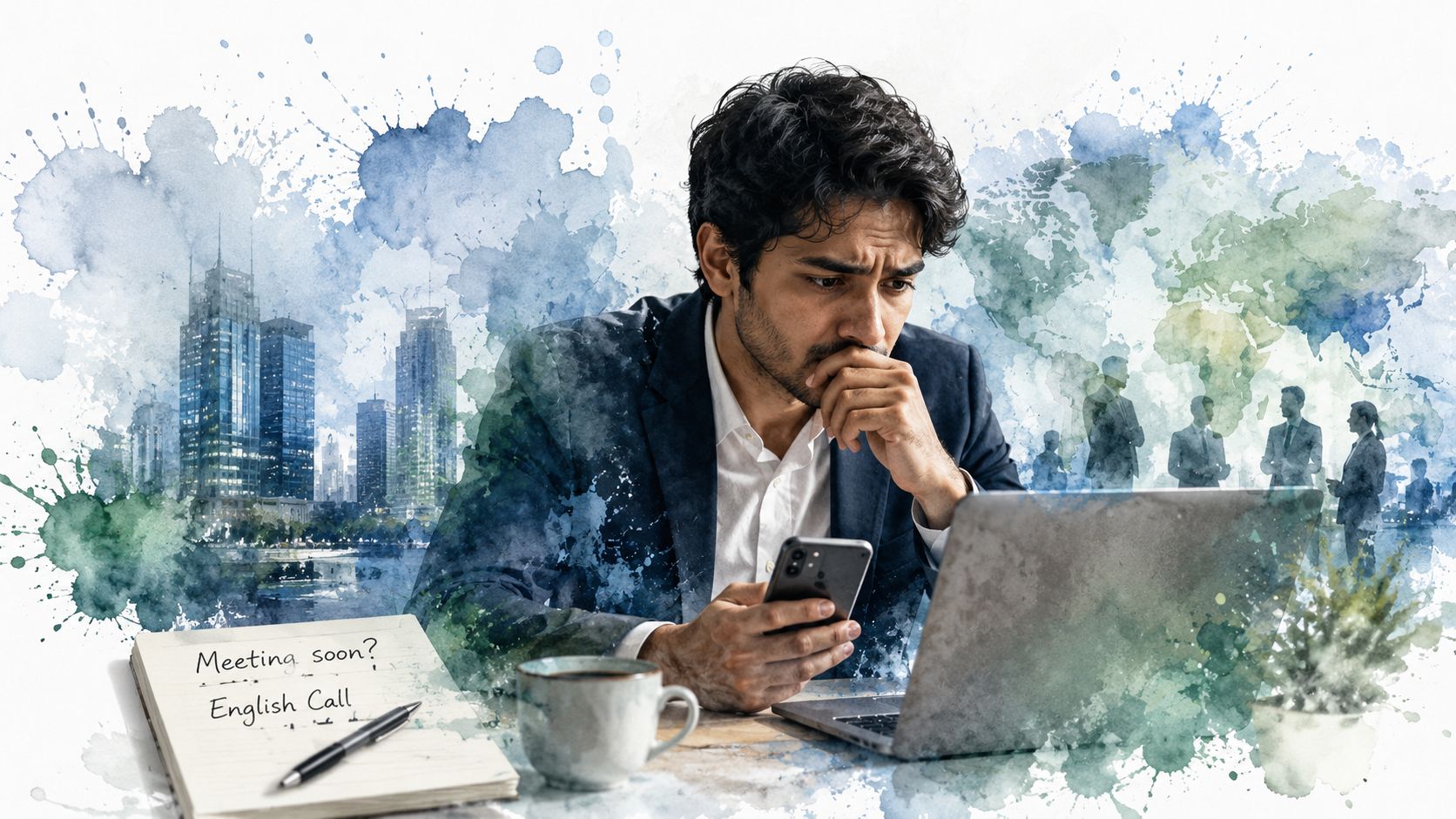 A focused man in a suit looking at his laptop and smartphone while preparing for a meeting.