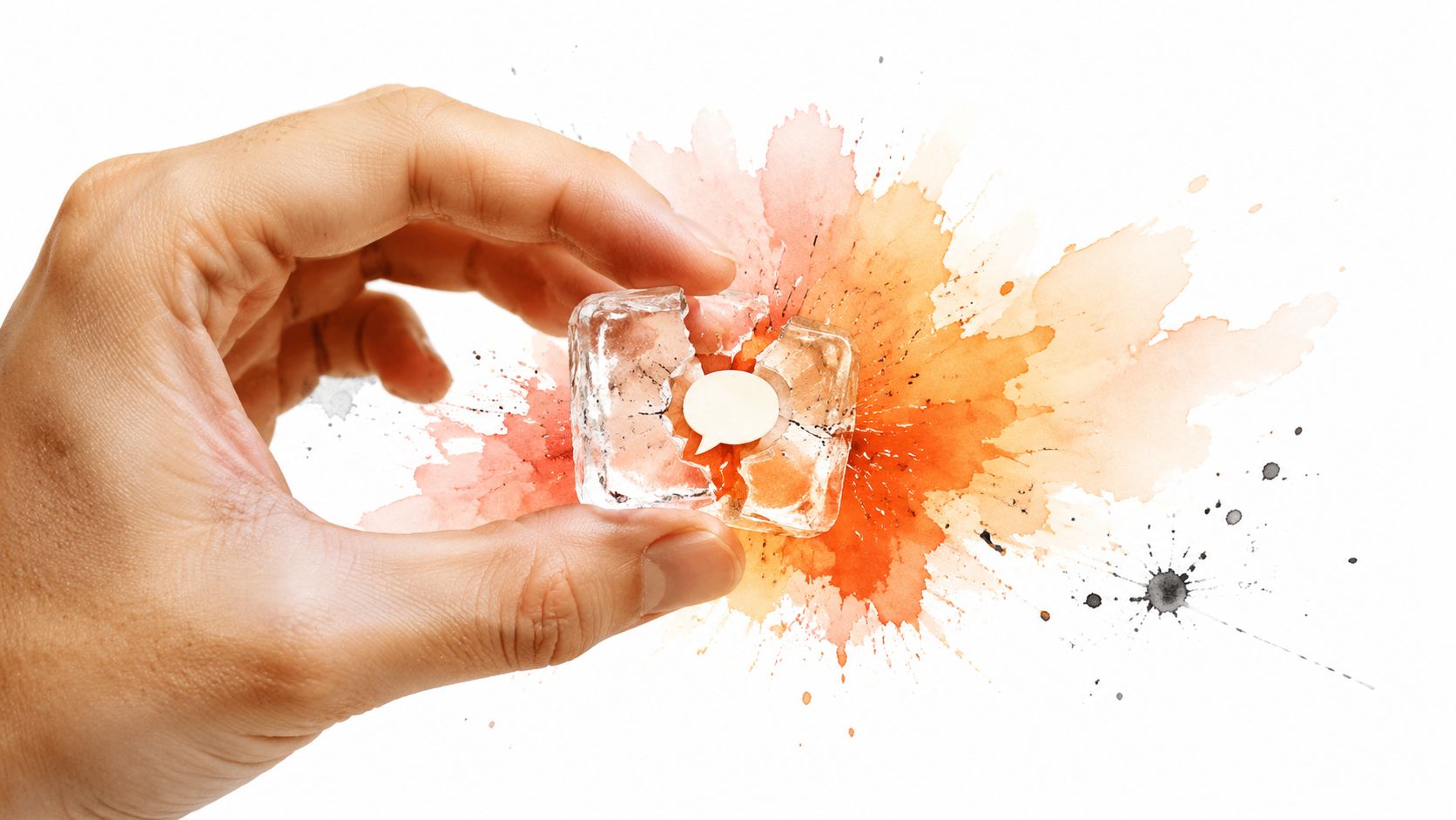 A hand holding a cracked ice cube containing a speech bubble icon against a watercolor splash background.