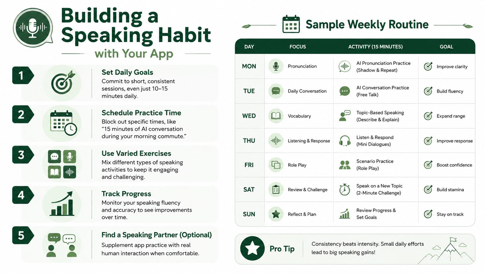 An infographic titled Building a Speaking Habit showing tips and a weekly sample schedule for language learners.