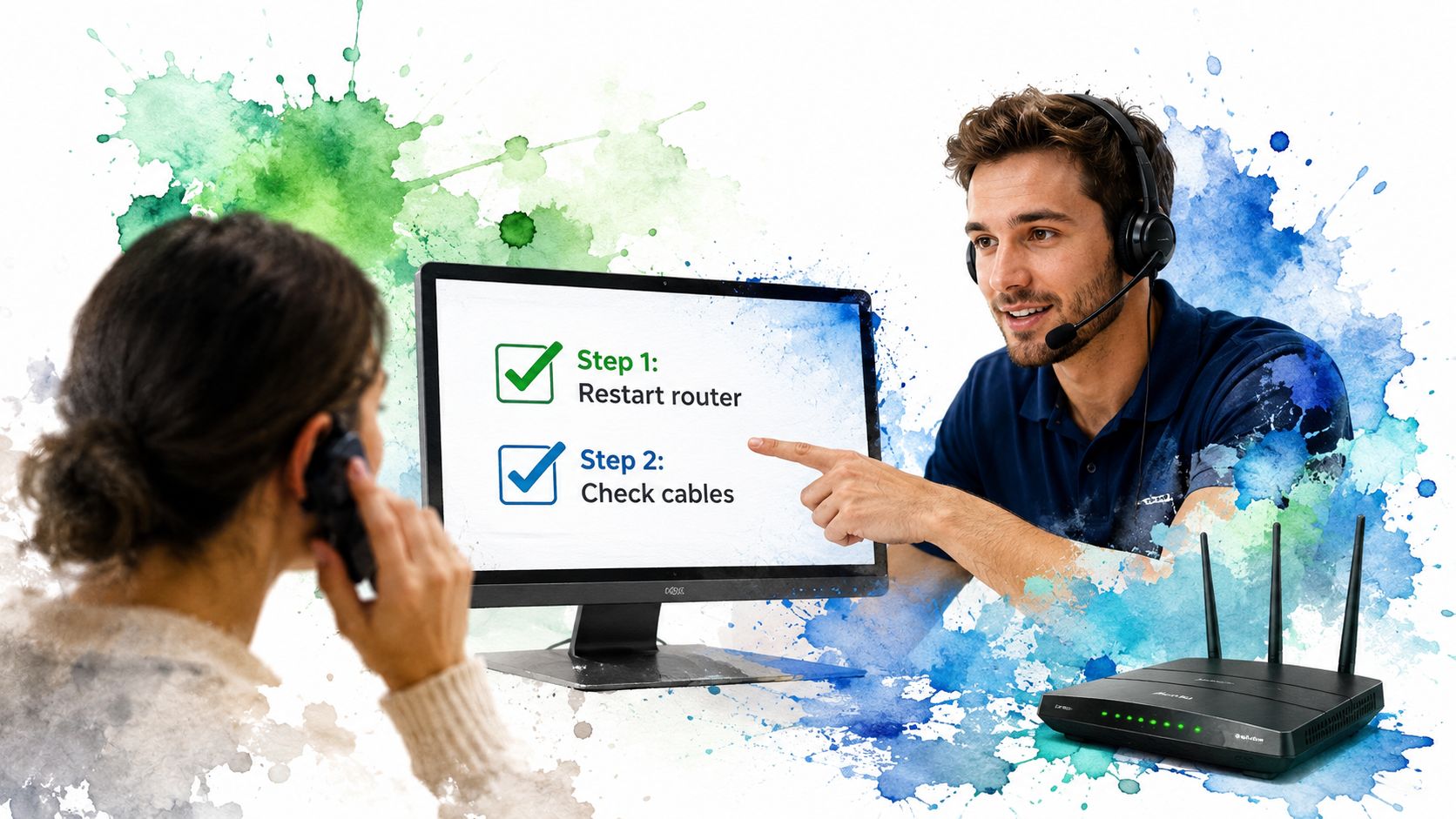 A customer service representative points to troubleshooting steps on a computer screen while talking to a customer.