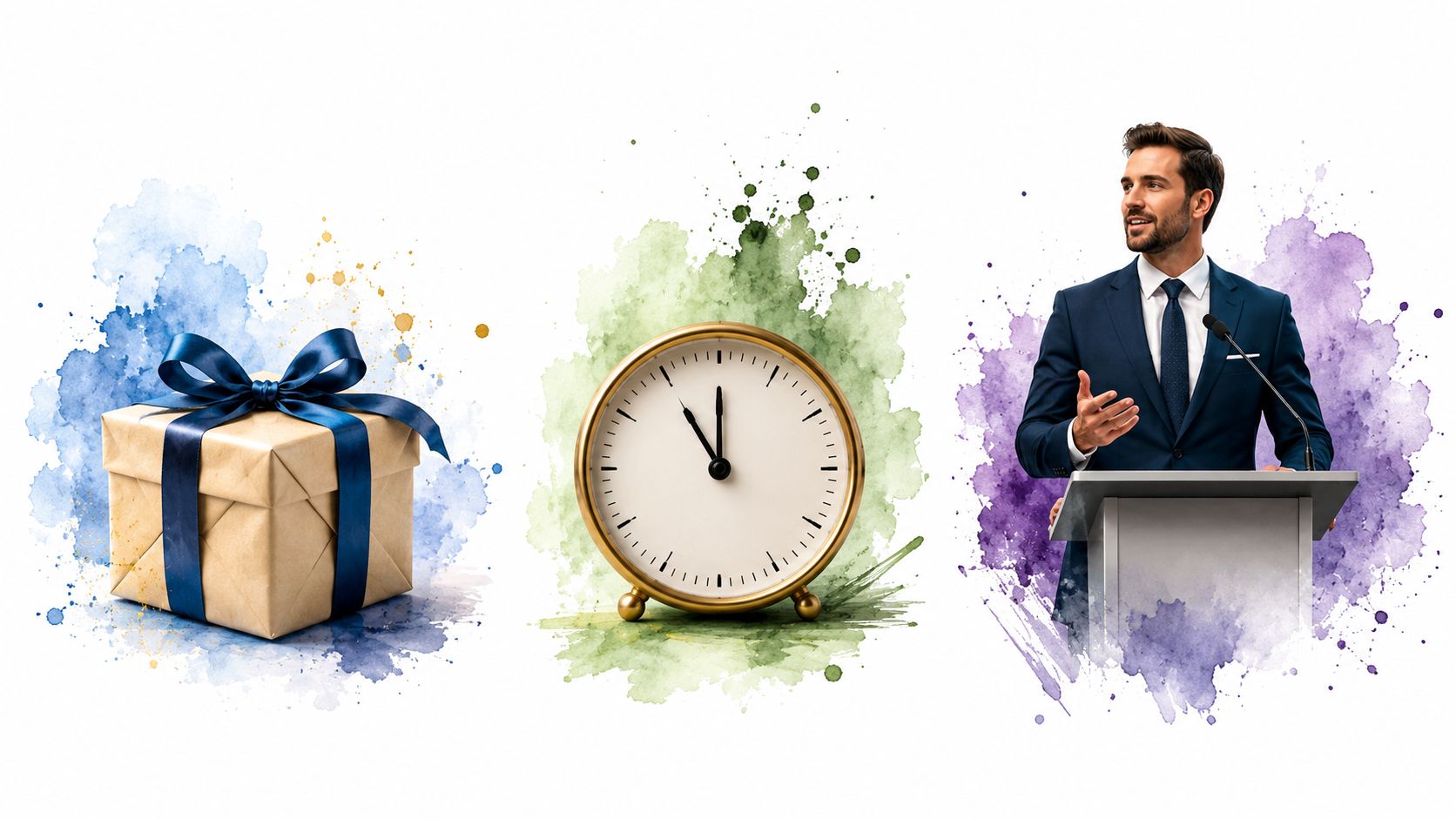 A gift box, an analog clock, and a businessman speaking at a podium against watercolor splashes.
