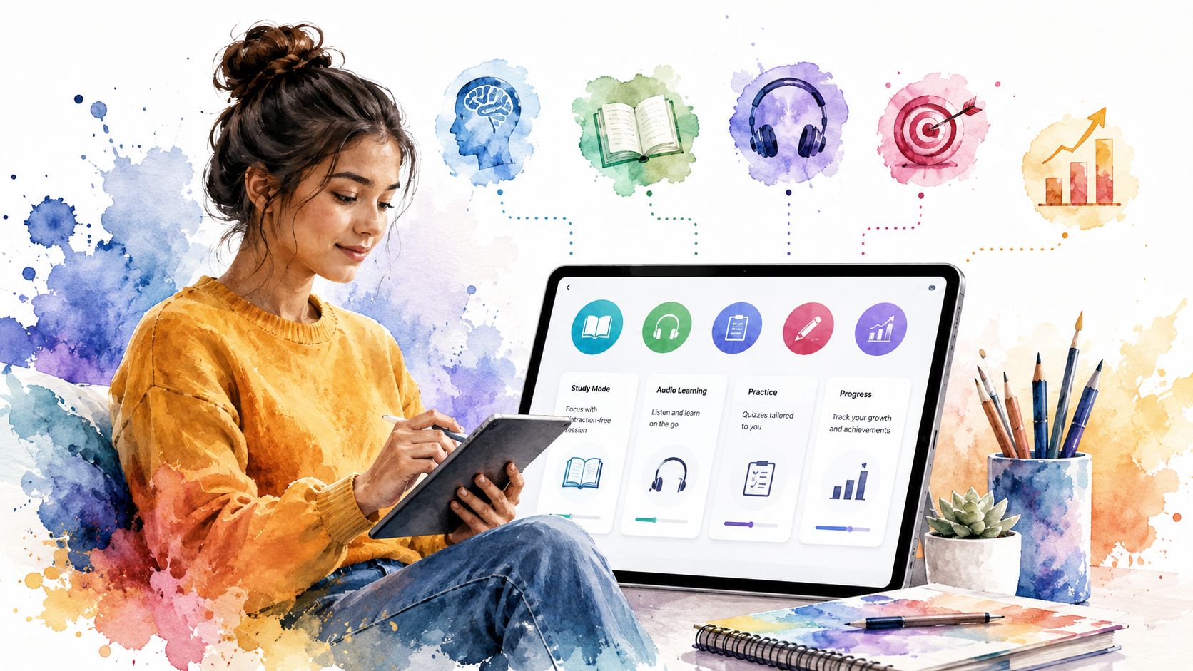 A young woman using a tablet for an English fluency app with colorful educational icons floating above.