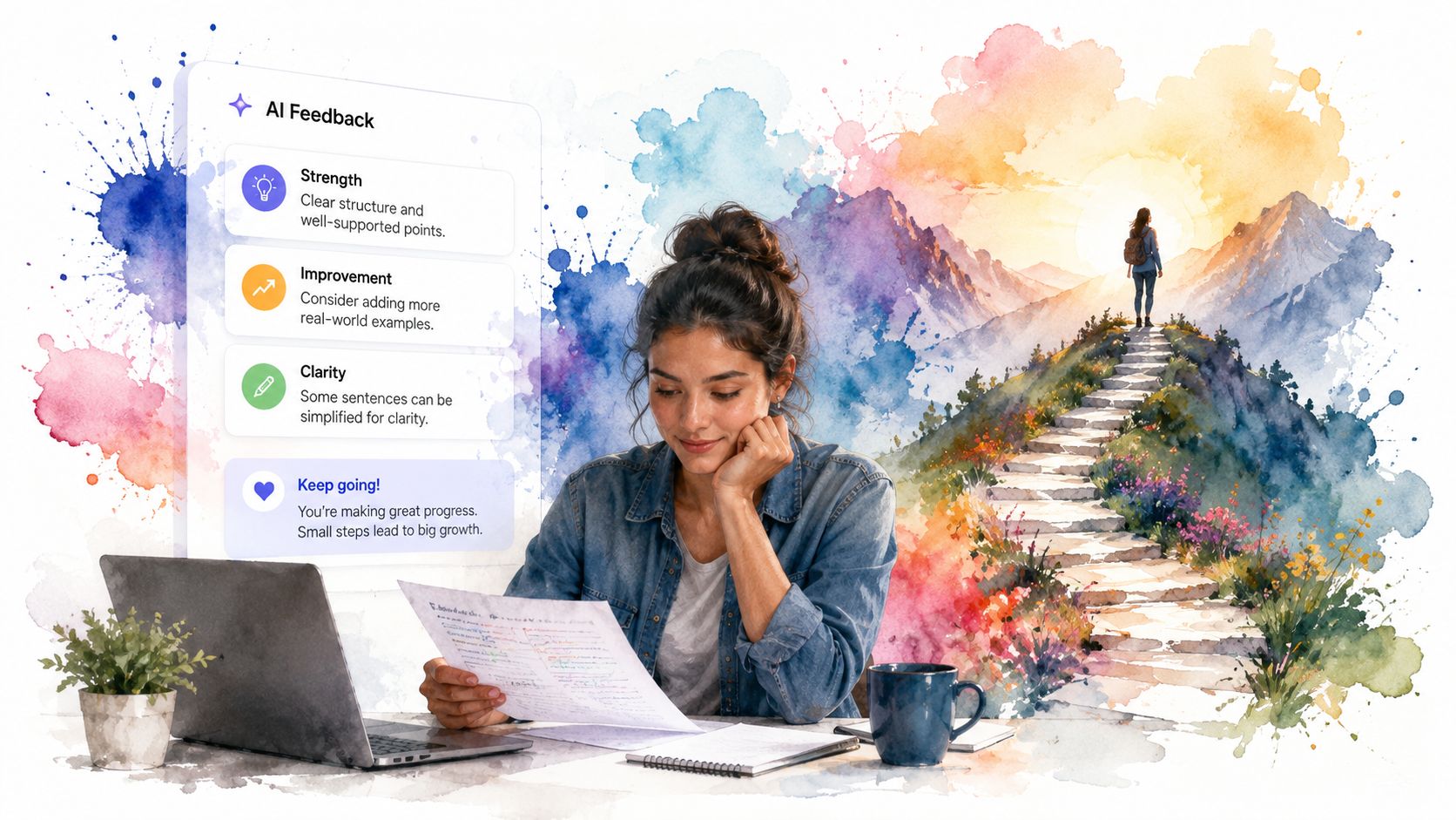 A woman studying with a laptop while receiving supportive AI feedback on her academic work.