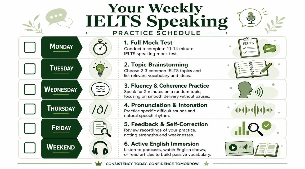 A weekly IELTS speaking practice schedule infographic illustrating daily study activities from Monday through the weekend.