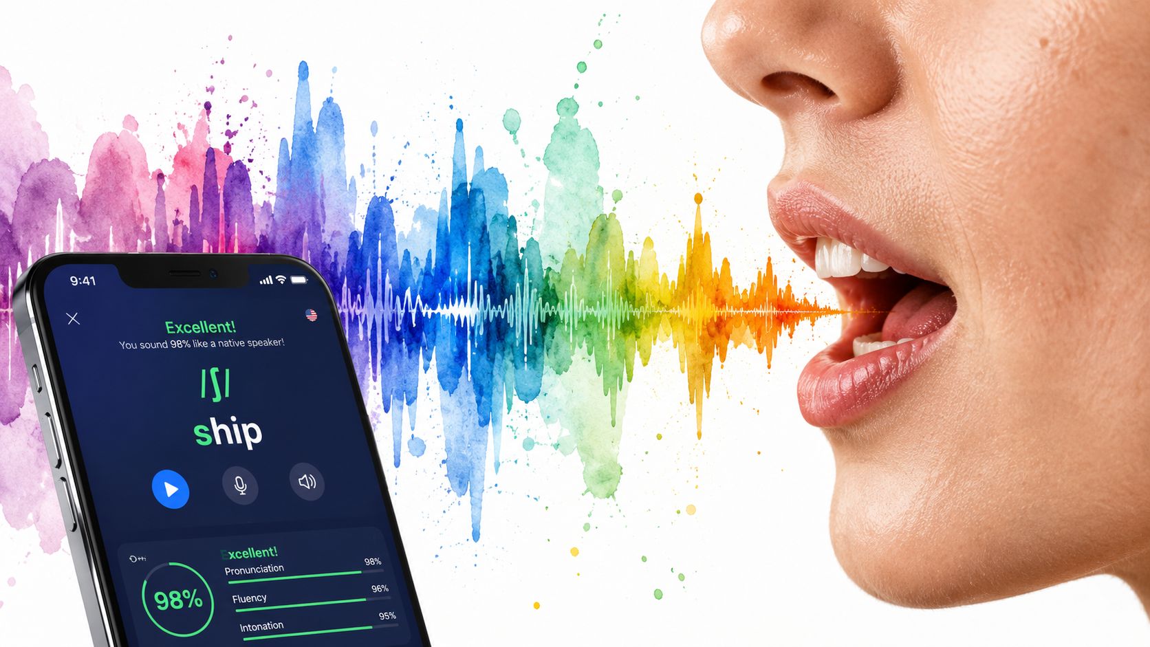 A close up of a person speaking into an app to improve English speaking on a phone.