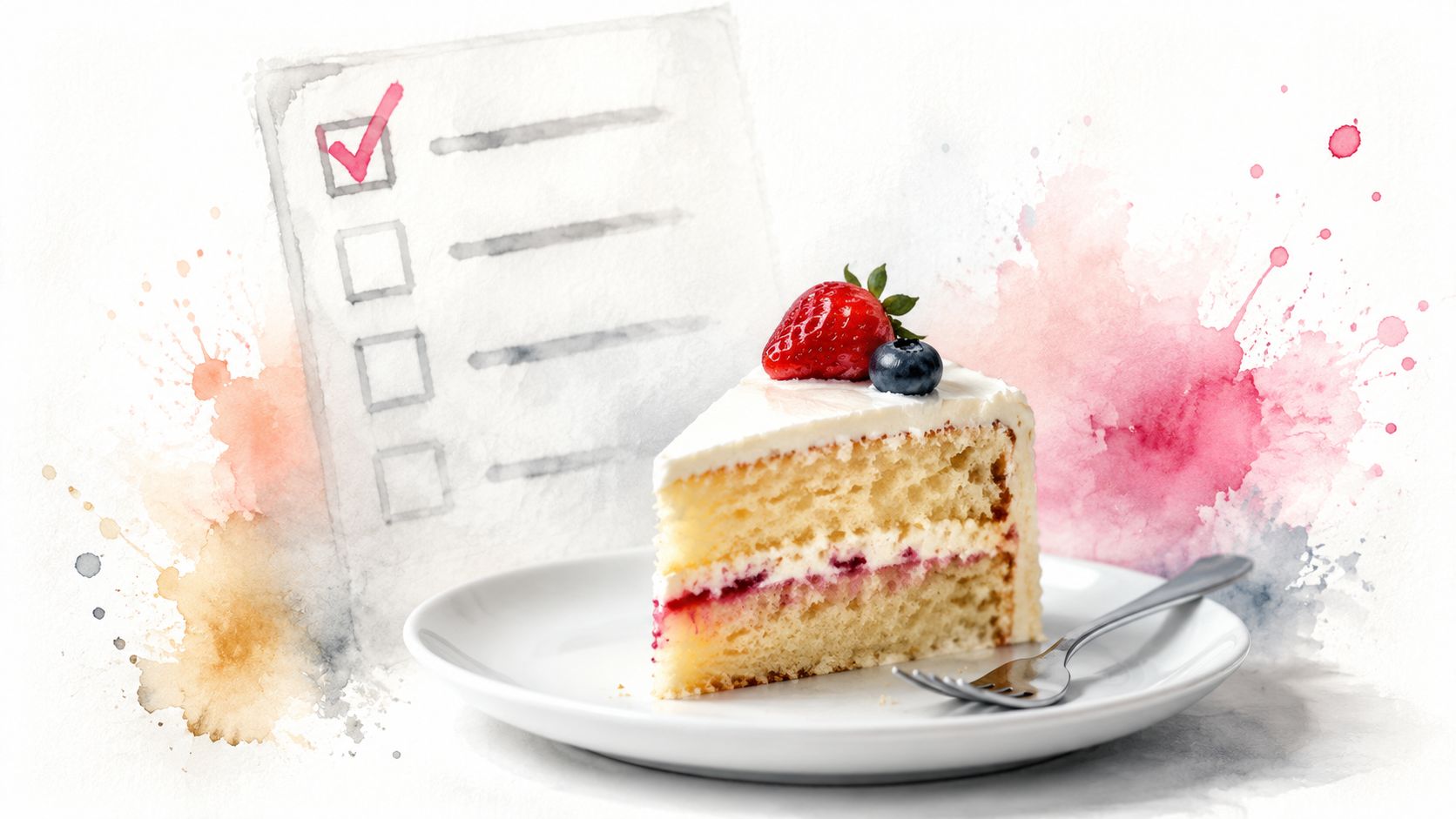 A slice of cake with fruit on a white plate next to a watercolor style checklist
