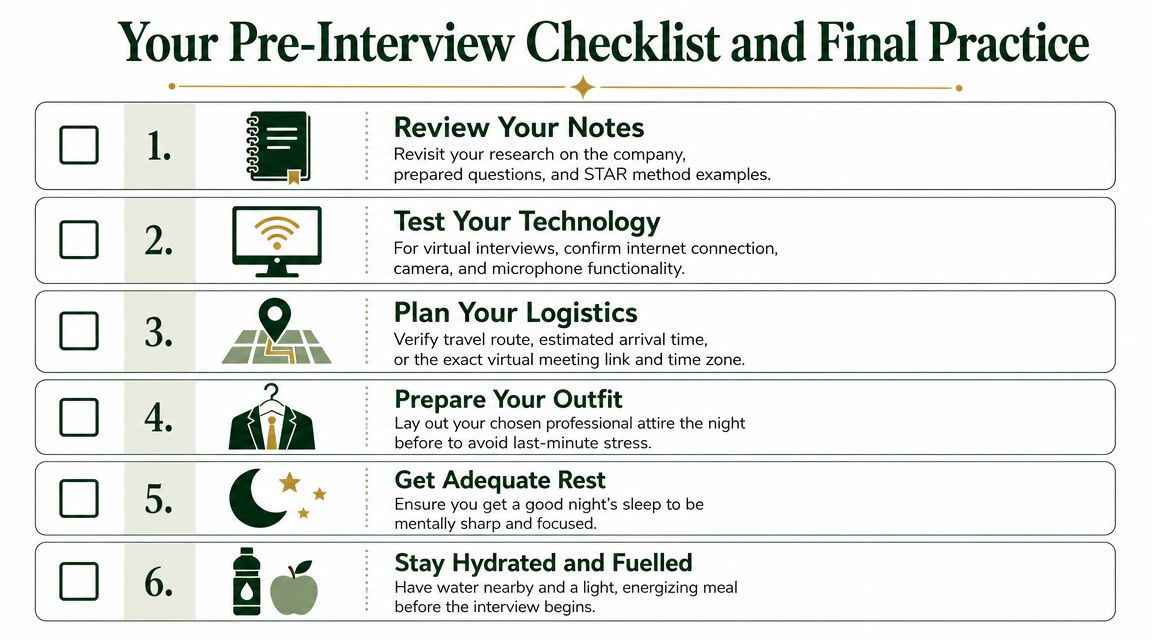 A pre-interview checklist infographic with six numbered tips for successful interview preparation and final practice.