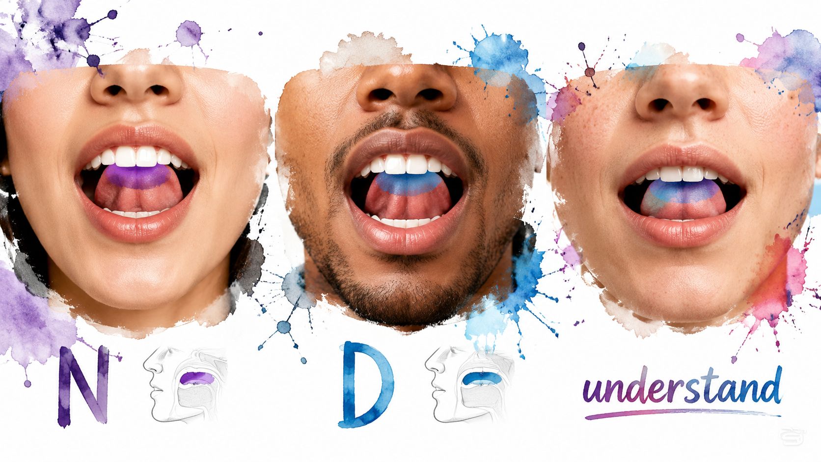 A phonetic illustration showing three mouths with highlighted tongue positions for pronouncing the word understand.