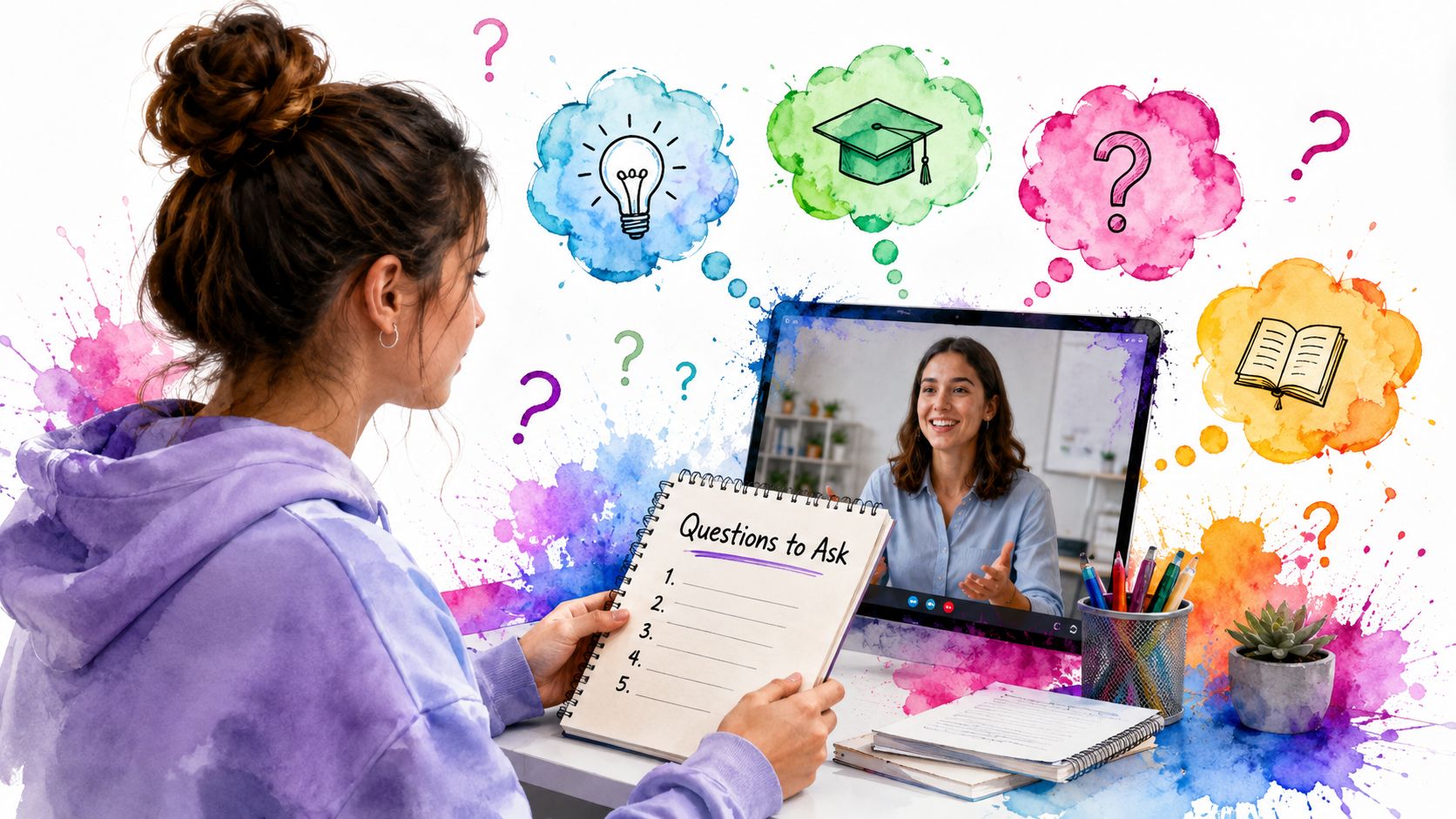 A student in a purple hoodie participating in an online study session with a virtual language tutor.