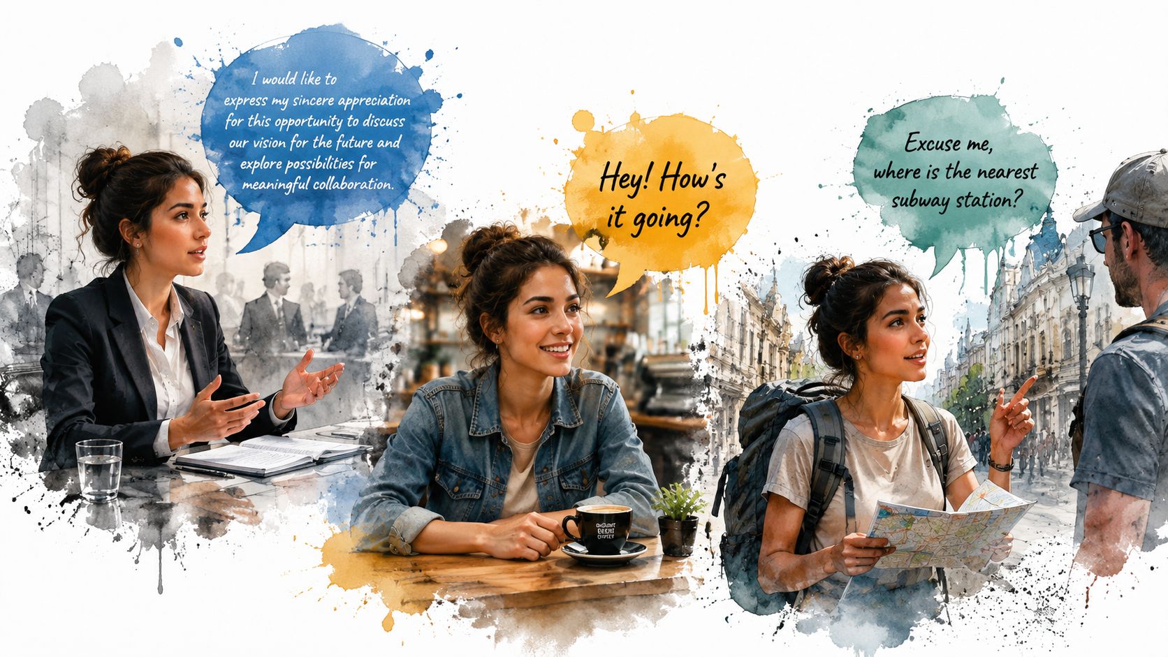 Three artistic watercolor scenes show a woman communicating in formal, casual, and travel-oriented social contexts.