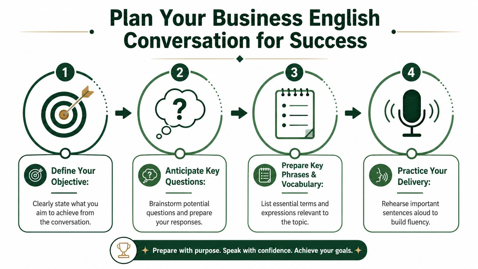 A four-step infographic illustrating a plan for successful business English conversation including objectives, questions, vocabulary, and practice.