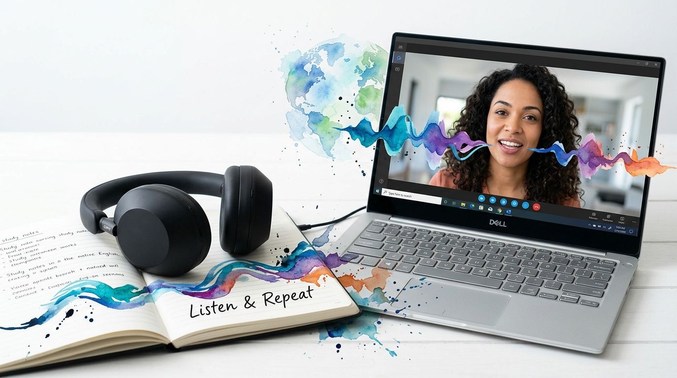 A laptop showing an online English teacher alongside headphones and a notebook for studying language fluency.