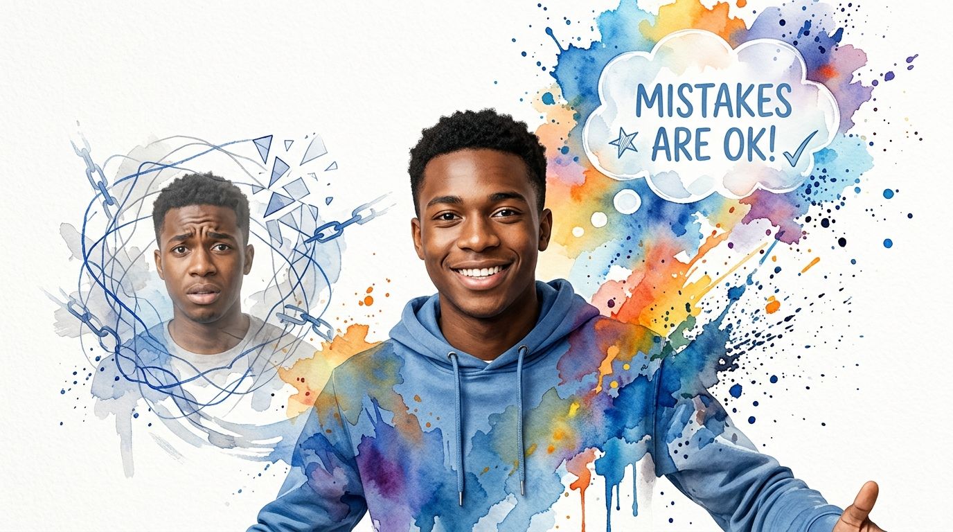 A young man with a positive expression and a speech bubble saying mistakes are ok.