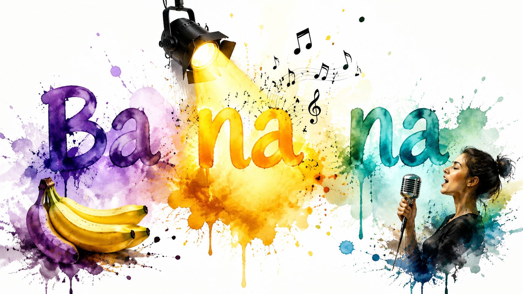 Colorful artistic word Banana written with music notes, a spotlight, bananas, and a woman singing into microphone.