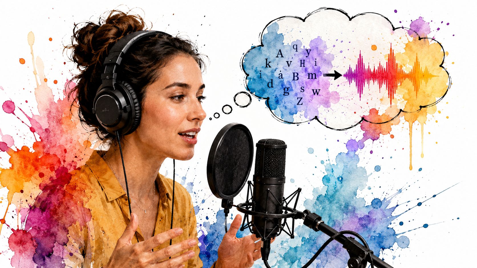 A woman speaking into a professional microphone with a thought bubble illustrating letters turning into sound waves.