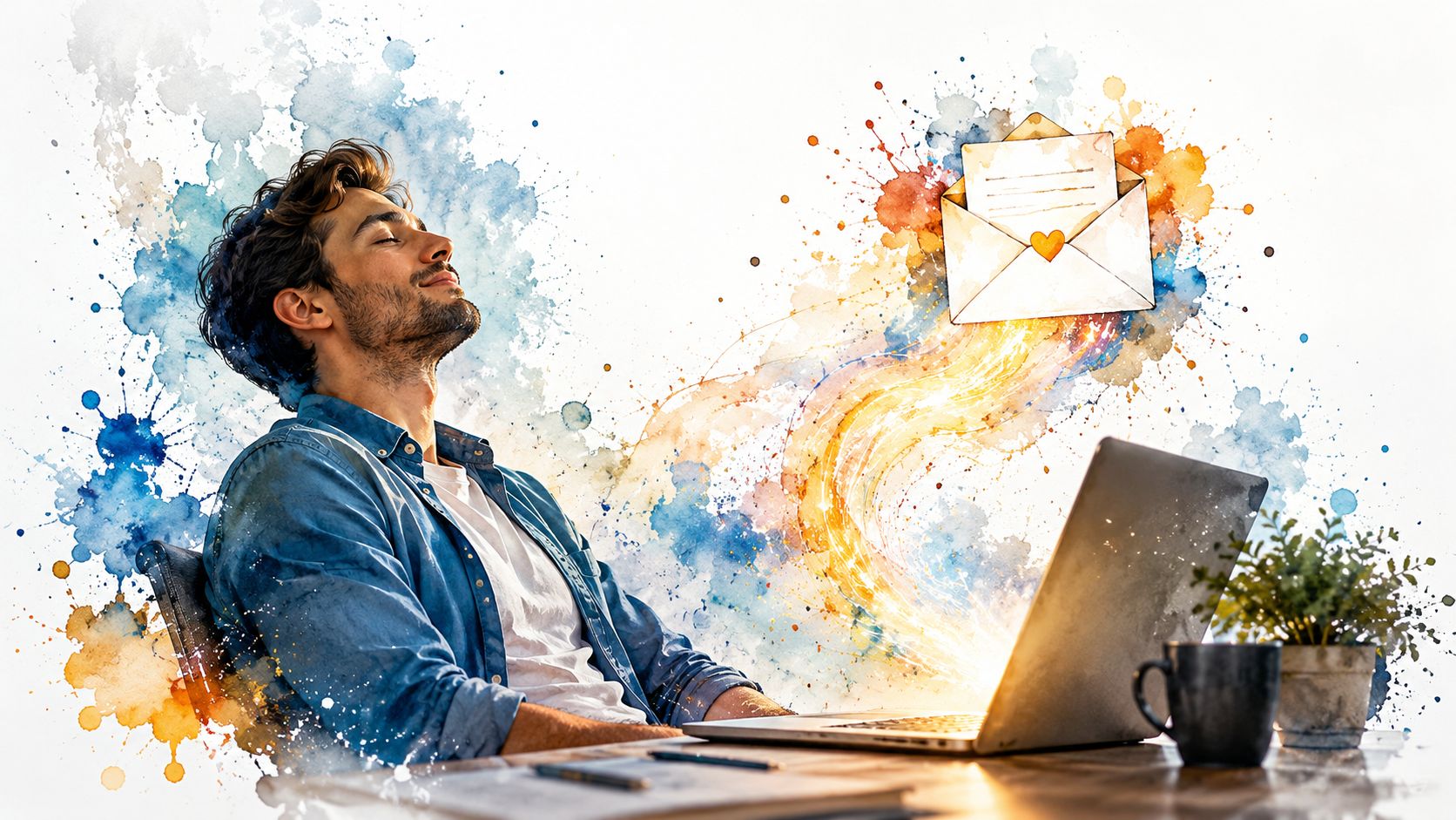A man smiling peacefully while relaxing at his desk as a digital letter flies from his laptop.
