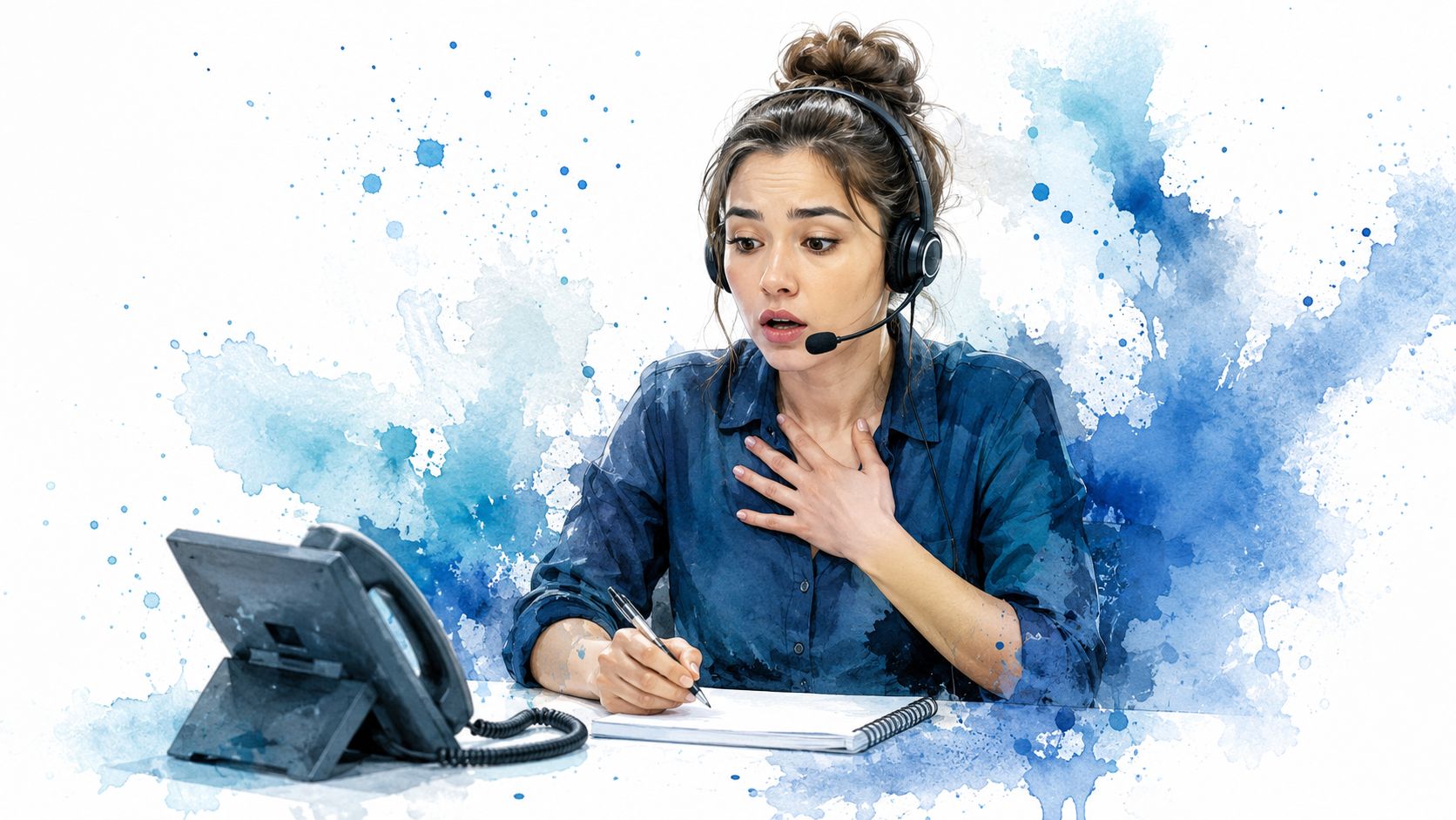 A customer service agent with a headset looks surprised while taking notes at her desk.