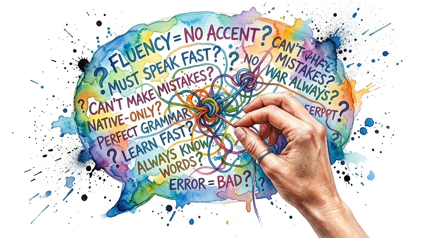 A hand untangling a colorful, knotted mess representing complex myths and anxieties about learning English fluency.