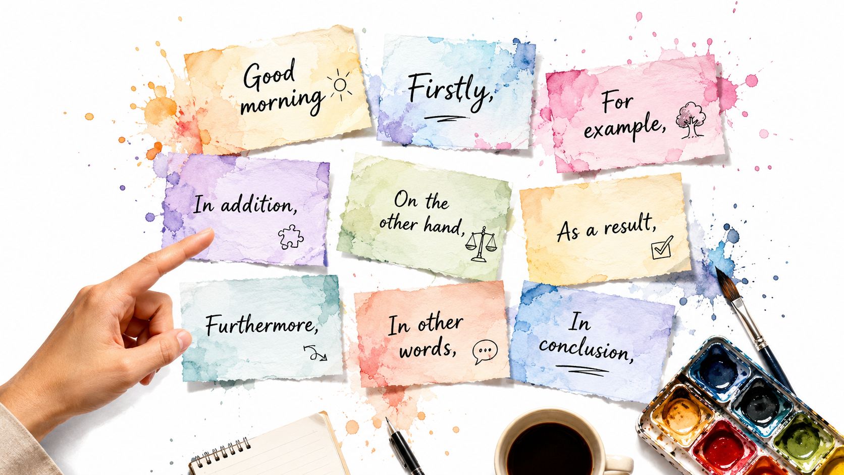 A hand points to a paper card on a table featuring watercolor painted phrases for essay transitions.