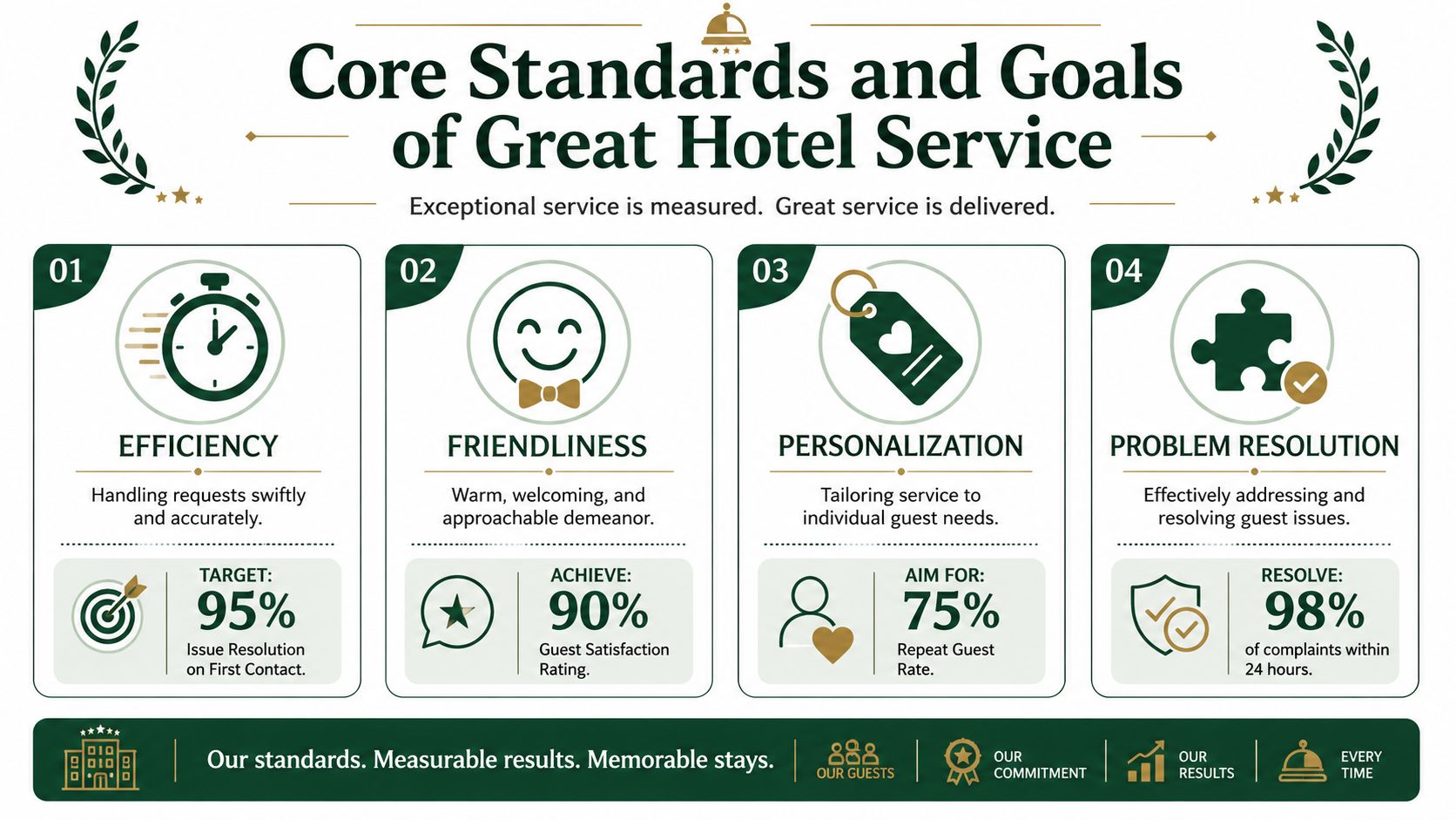 An infographic detailing four core hotel service standards: efficiency, friendliness, personalization, and problem resolution with goals.