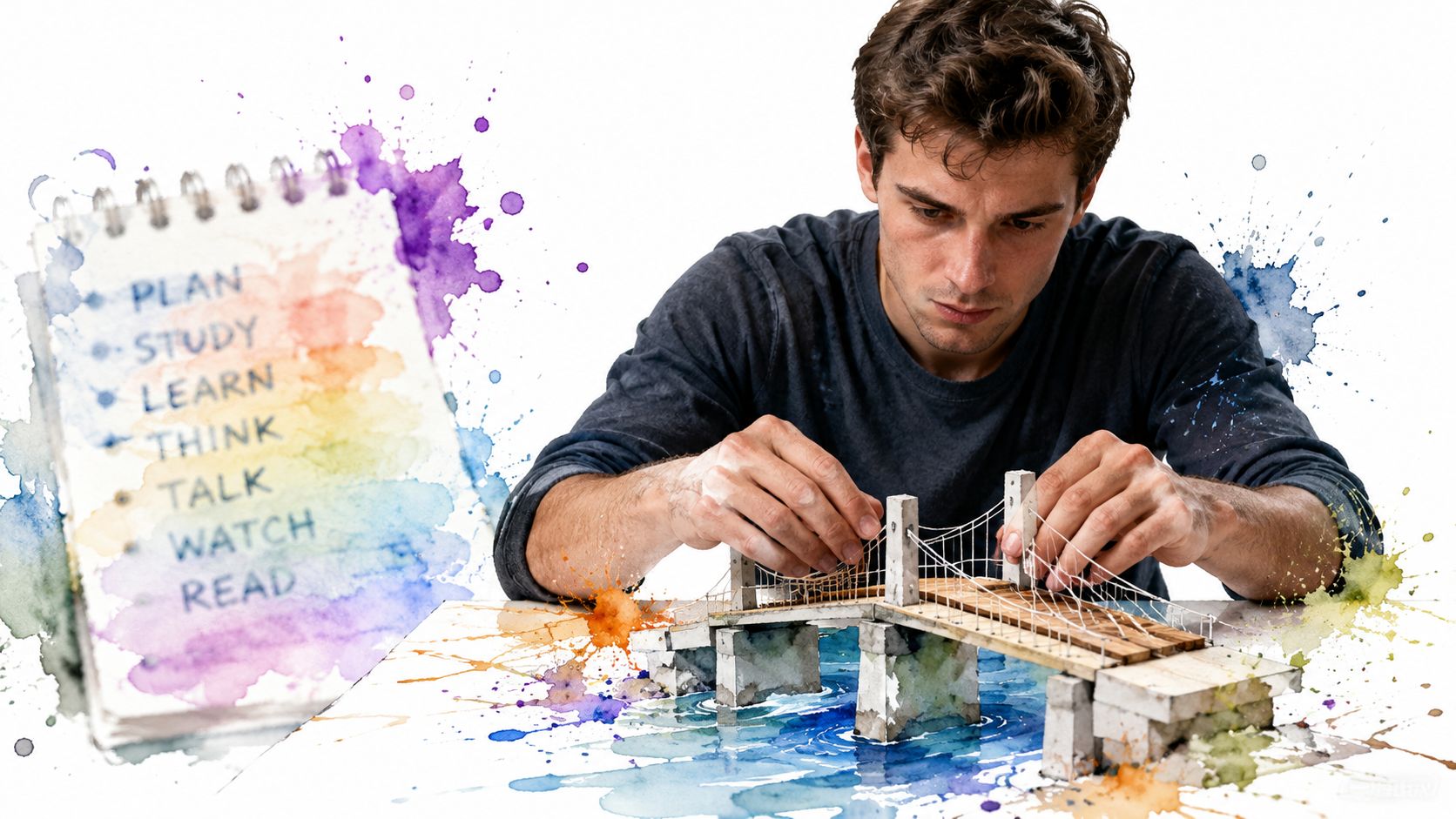 A focused man building a miniature bridge model near a notepad with a list of active verbs.