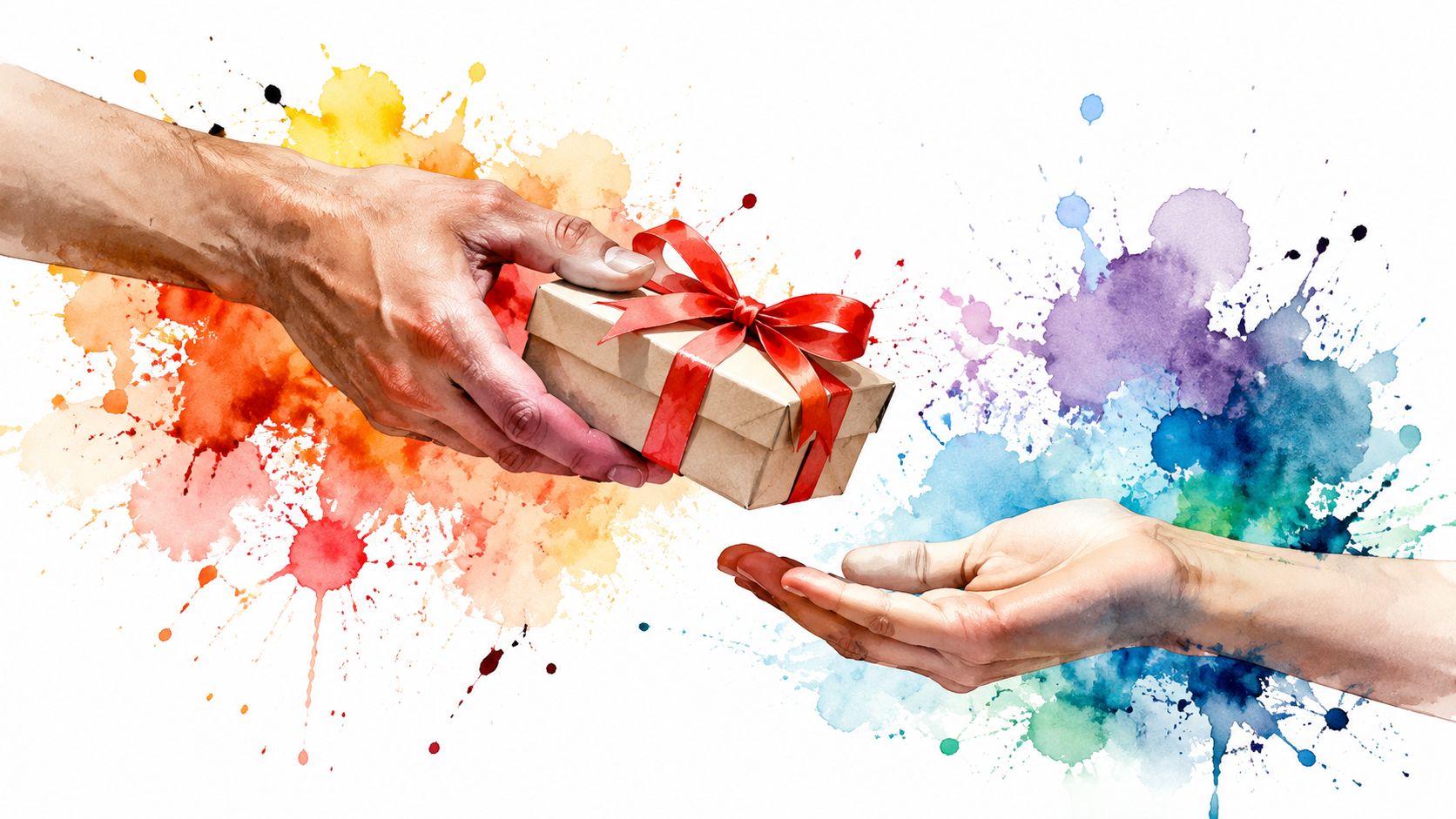 A pair of hands passing a wrapped gift box against a vibrant watercolor paint splash background.