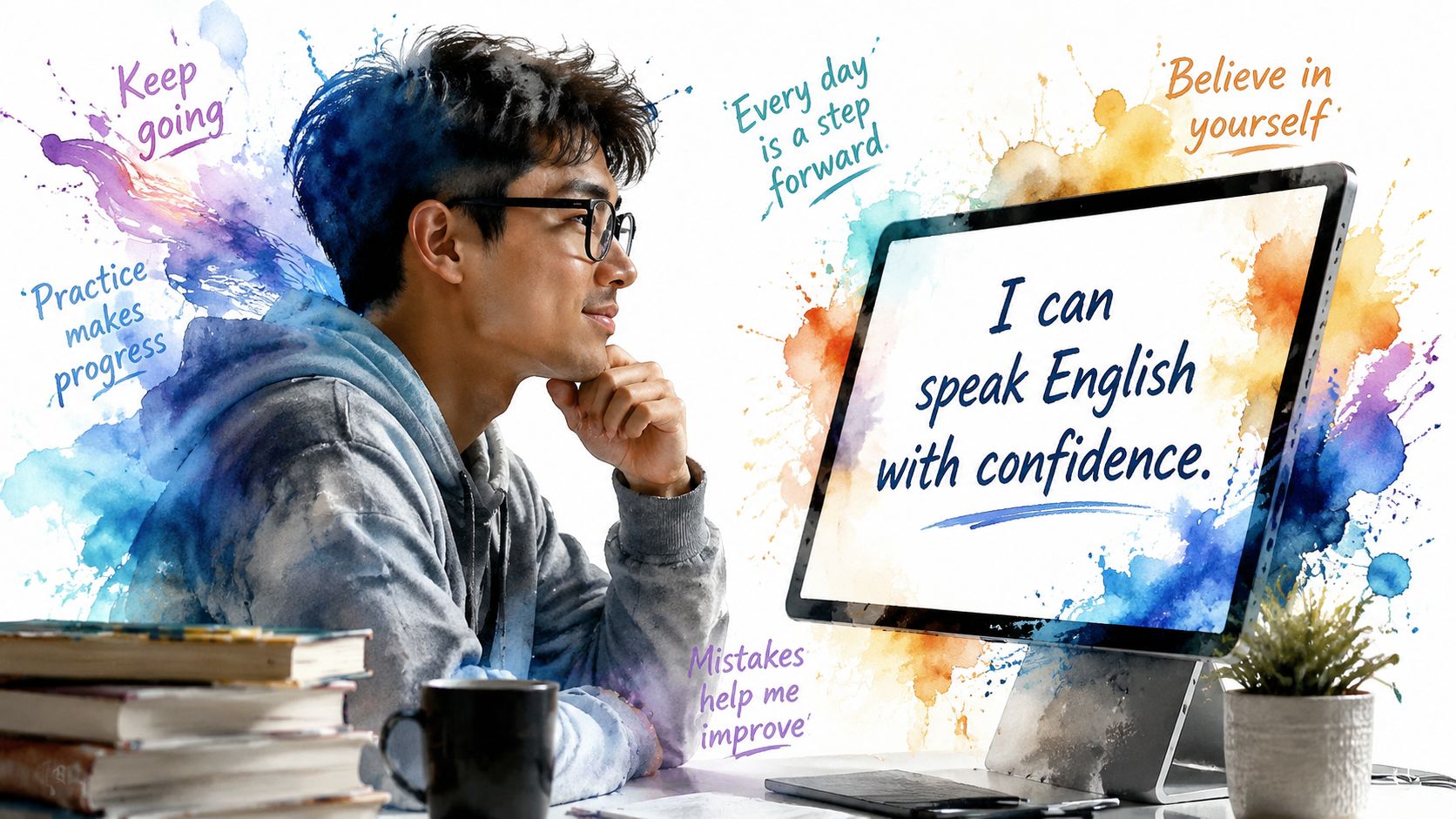 A young man with glasses studies at a computer with motivational phrases for English learning displayed.