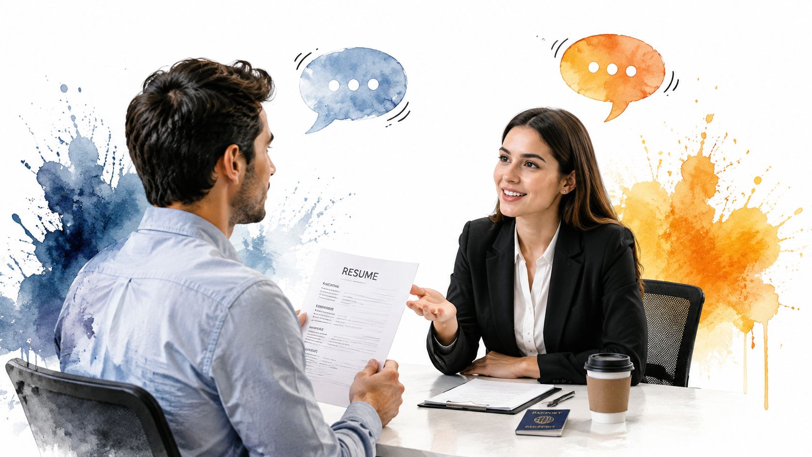 A job candidate and a recruiter having a professional interview meeting in an office setting.