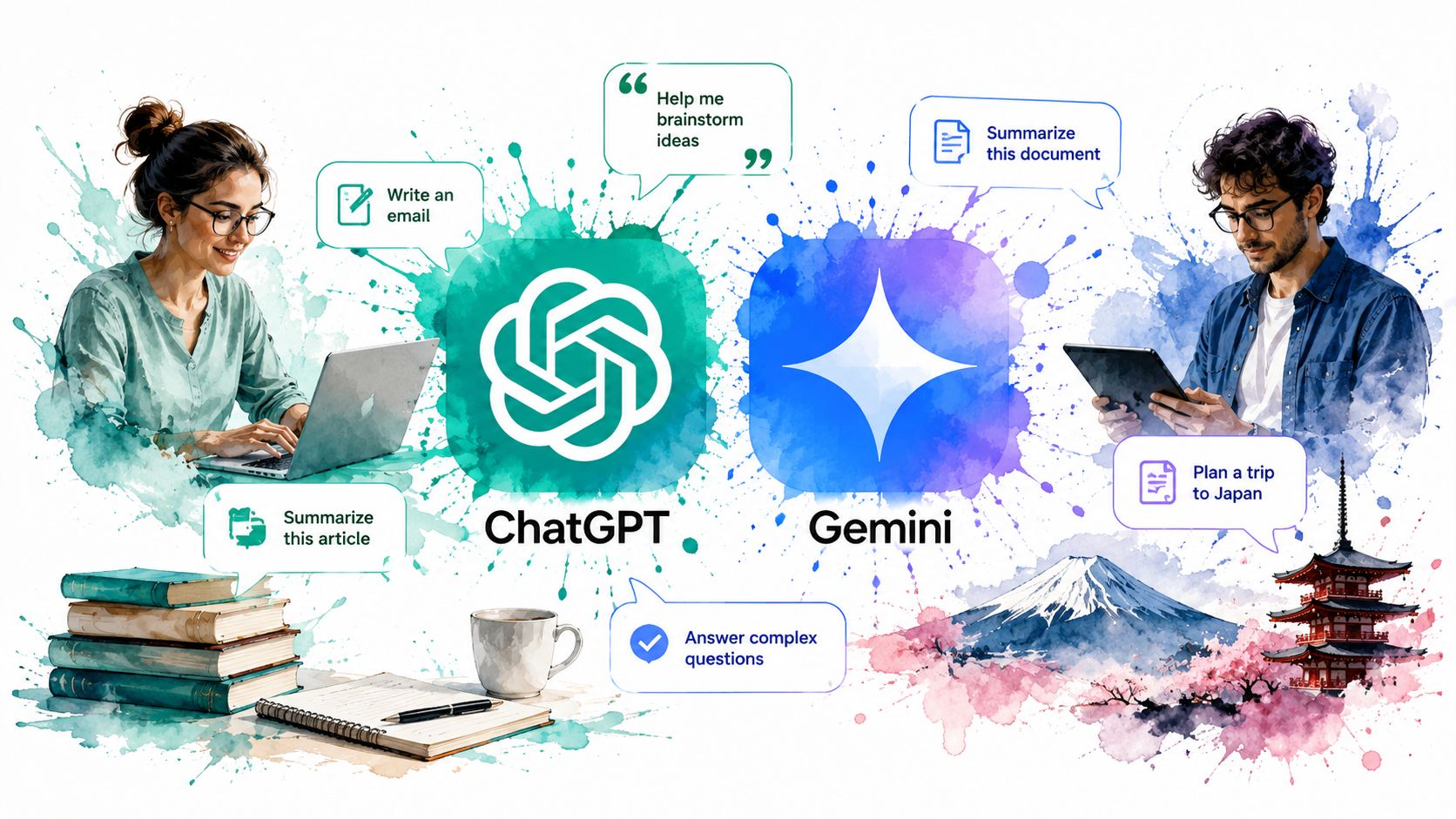 A split illustration showing a woman using ChatGPT and a man using Gemini AI for tasks.