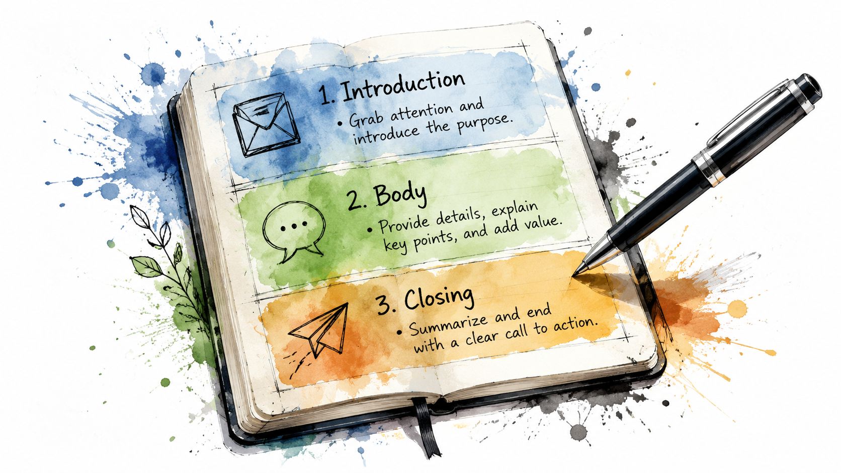 A hand-drawn illustration of an open notebook outlining the three-part structure for writing an effective email.