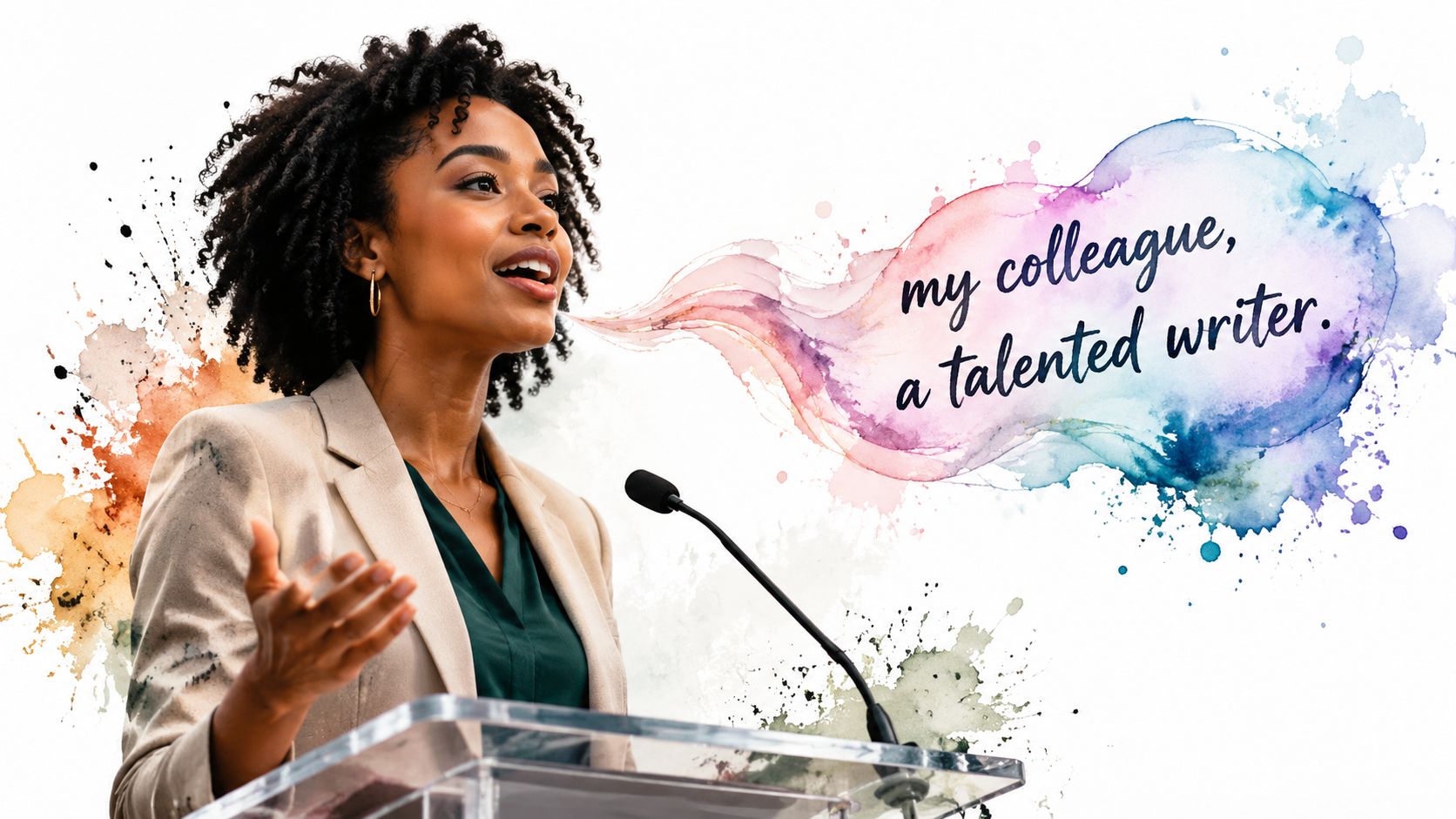 A professional woman speaking at a podium with an artistic watercolor speech bubble showcasing an appositive phrase.