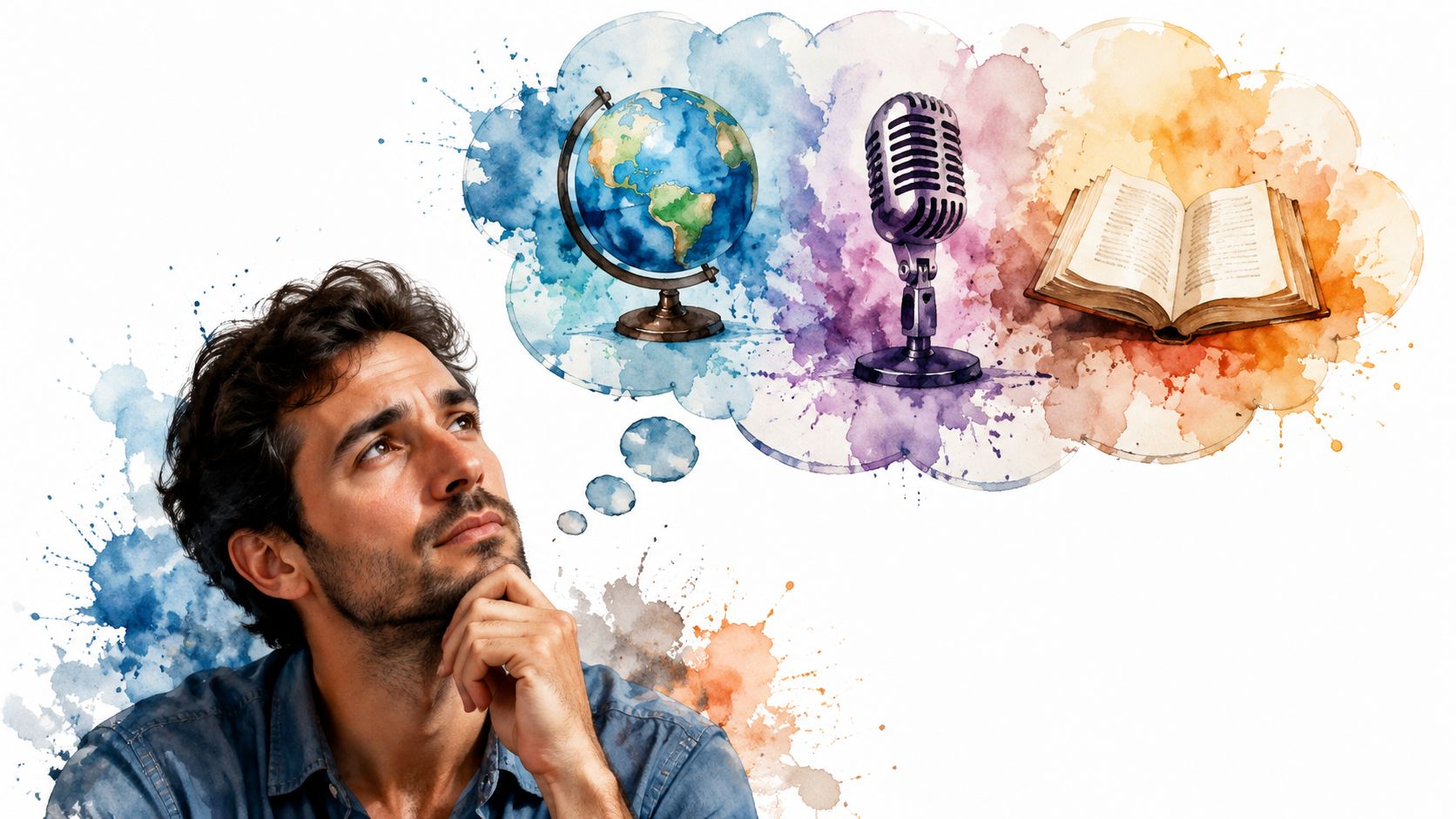 A pensive man dreaming about traveling, public speaking, and reading books, represented in a watercolor style.