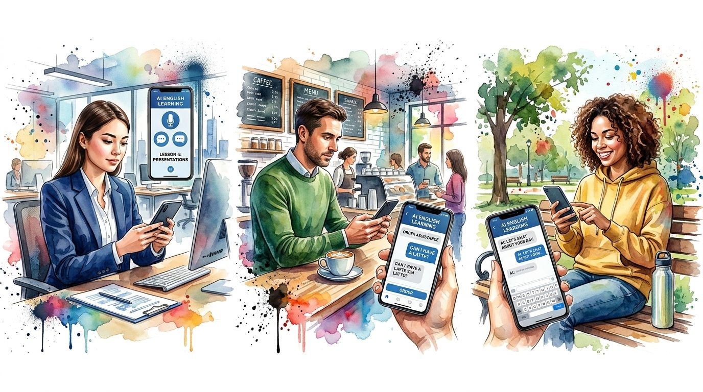 Three different people using an AI English speaking app in office, cafe, and park settings for learning.