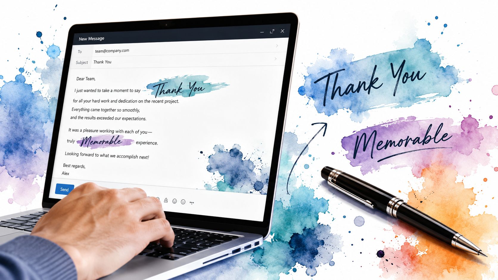 A person typing a thank you email on a laptop with artistic watercolor splashes and a pen.