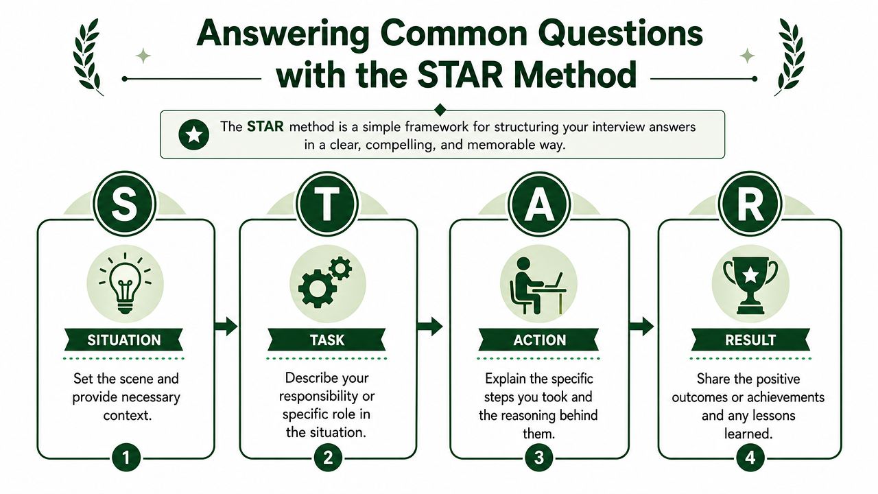A diagram illustrating the STAR method for structuring interview answers with four steps: Situation, Task, Action, and Result.