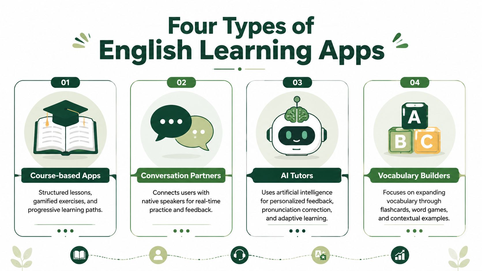 An infographic titled Four Types of English Learning Apps illustrating course-based apps, conversation partners, AI tutors, and vocabulary builders.