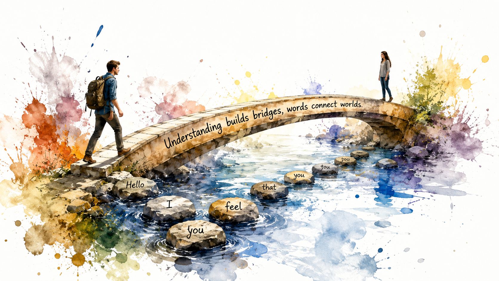 A man walking on a bridge towards a woman with stepping stones in the water below.
