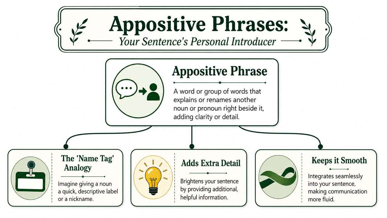 An educational infographic defining appositive phrases with simple explanations, analogies, and tips for clear communication.
