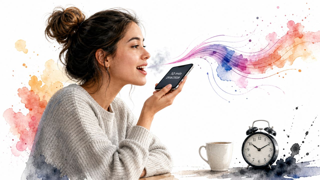 A woman speaks into her smartphone, visualizing her voice as colorful artistic sound waves for language practice.