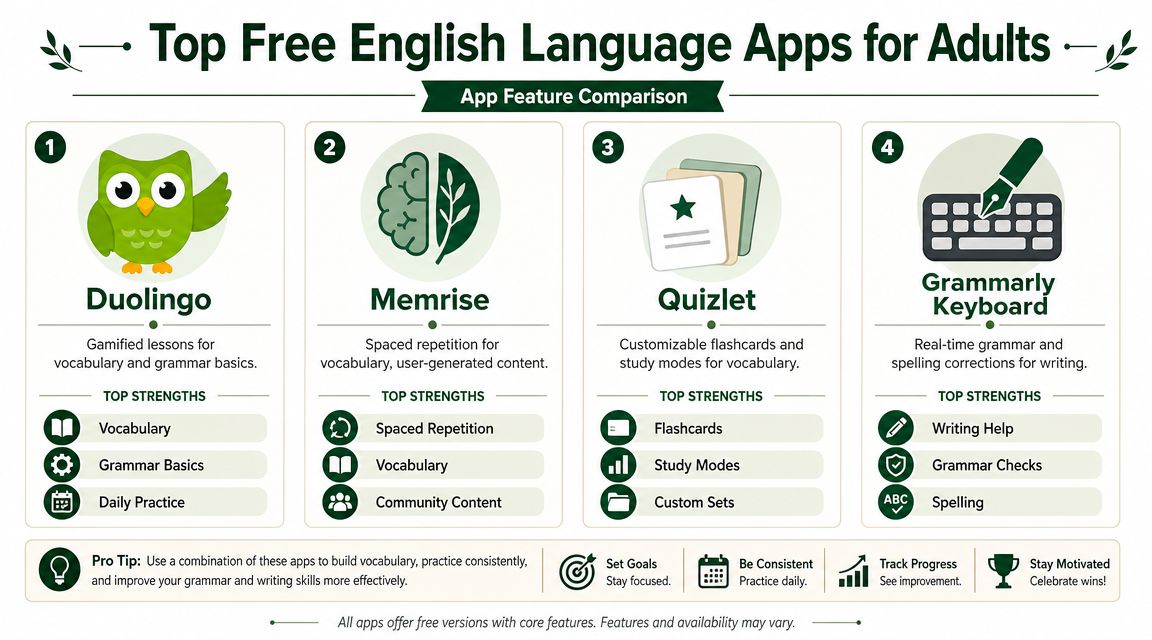 An infographic comparing four free English learning apps for adults: Duolingo, Memrise, Quizlet, and Grammarly Keyboard.